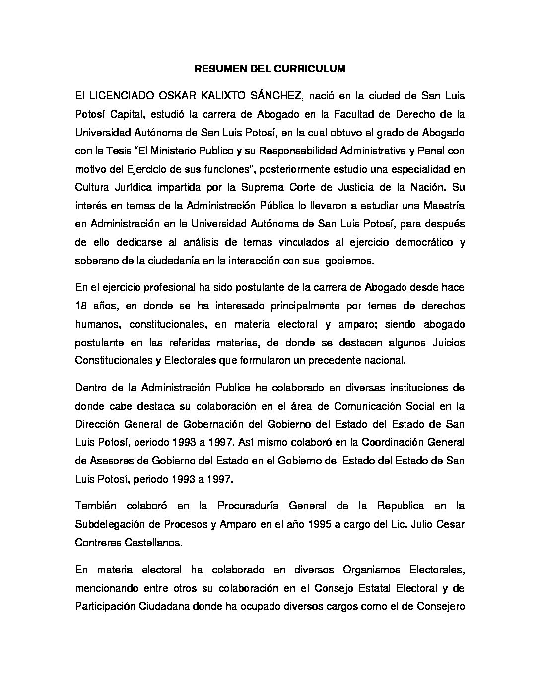 SEMBLANZA CURRICULAR Magistrado Oskar Kalixto