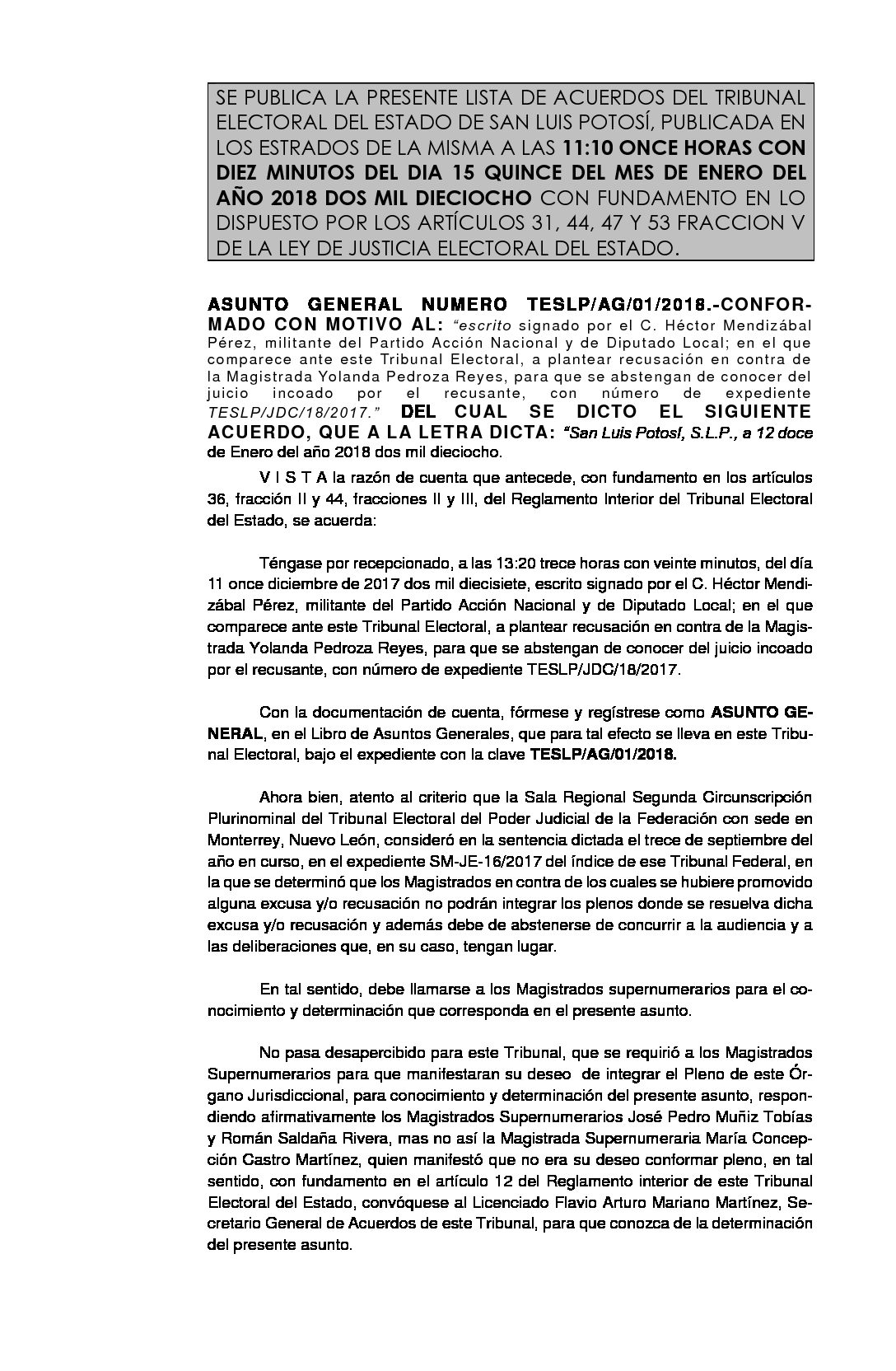 ASUNTO GENERAL AG-01-2018 15-ENERO-2018 11-10 hrs