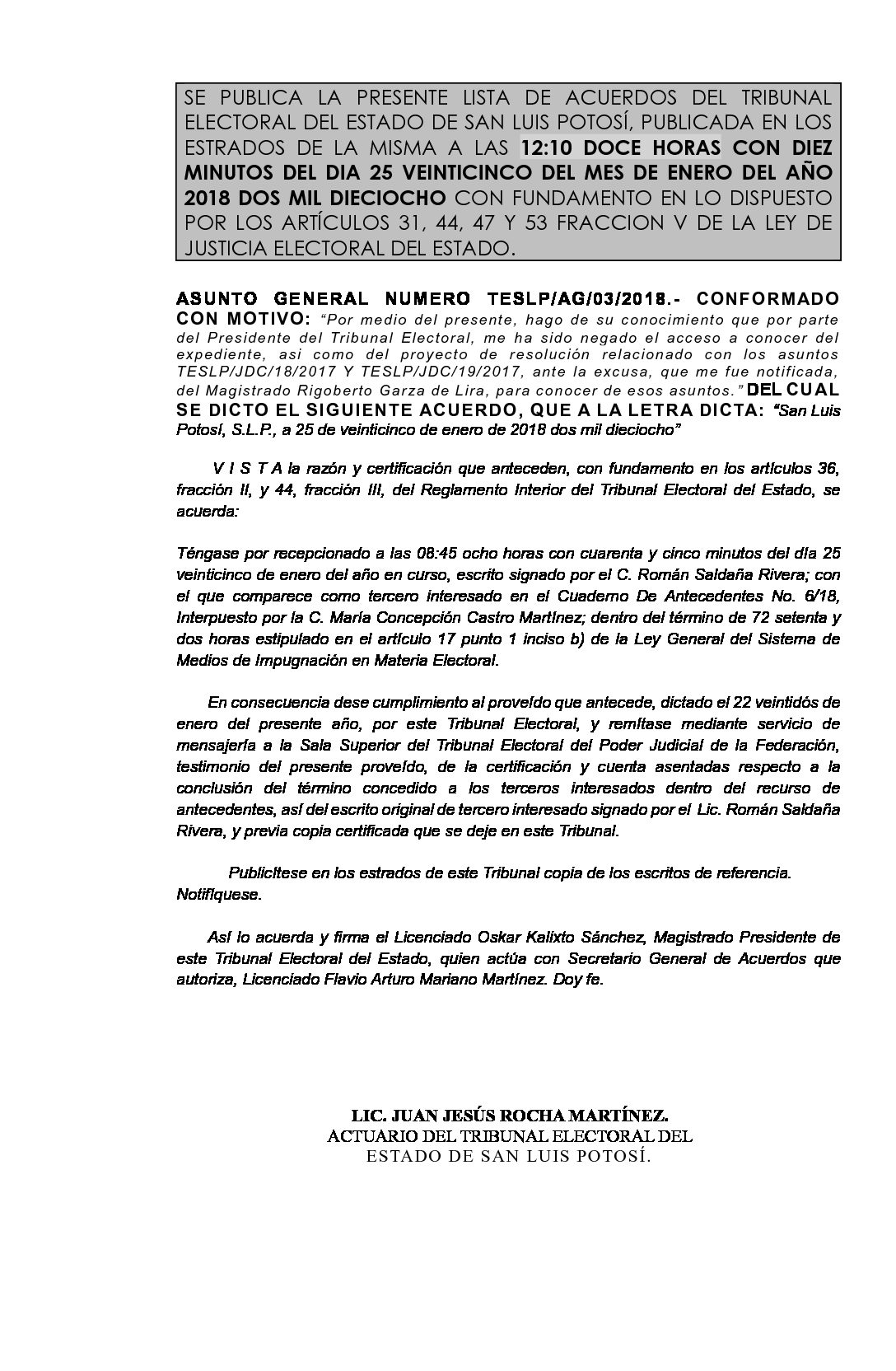 SE PUBLICA LA PRESENTE LISTA DE ACUERDOS DEL TRIBUNAL ELECTORAL DEL ESTADO DE SAN LUIS POTOSÍ 12-10 hrs