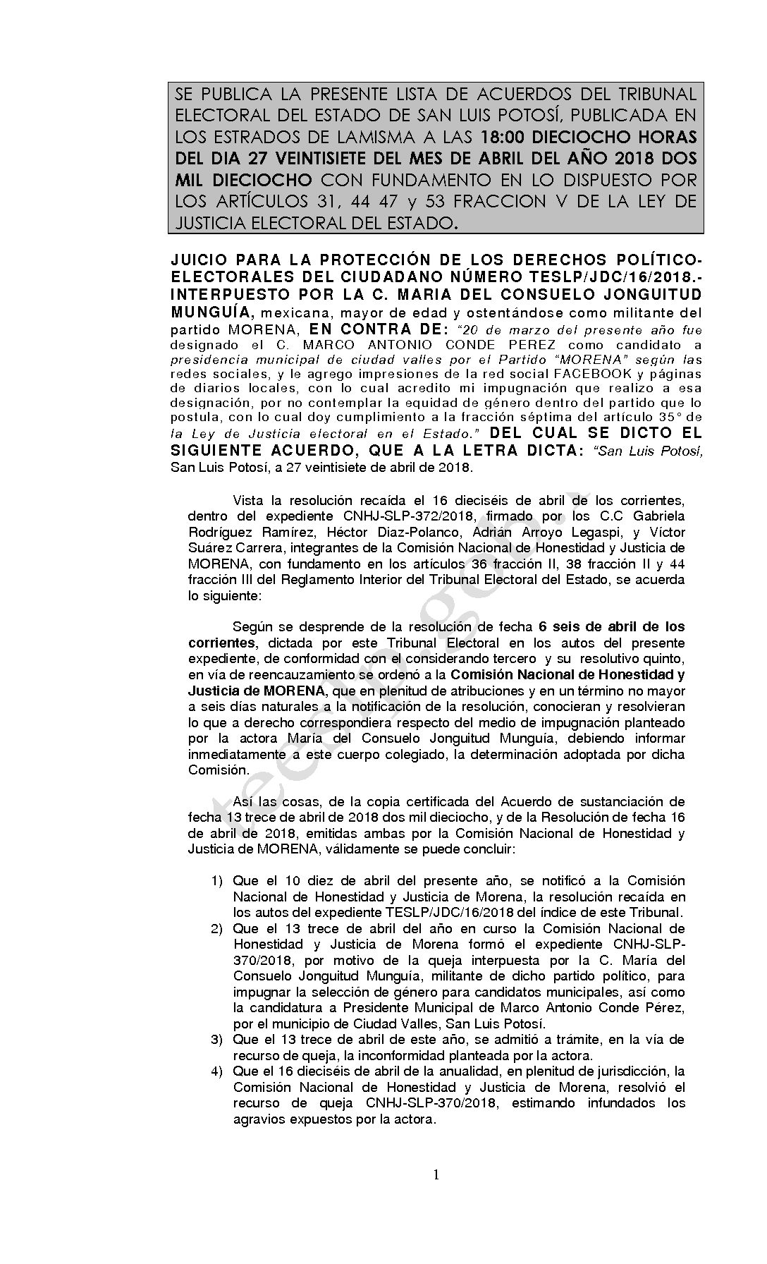 ACUERDO CUMPLIMIENTO LISTA TESLP-JDC-16-2018 27-ABRIL-2018 18-00 hrs