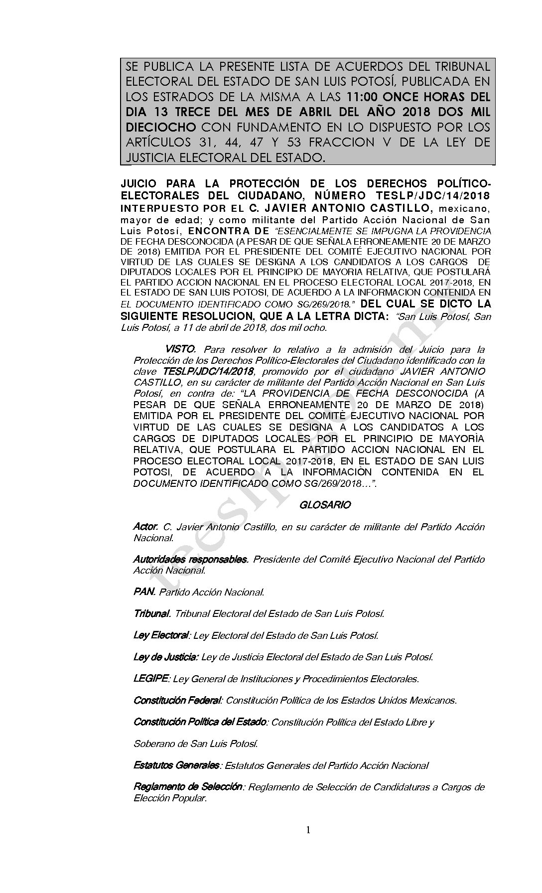 RESOLUCION LISTA TESLP-JDC-14-2018 13-ABRIL-2018 11-00 hrs
