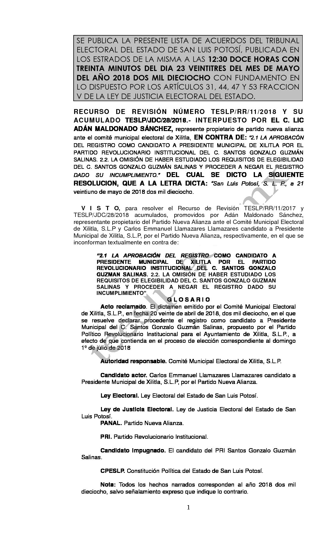 LISTA RESOLUCION FINAL TESLP-RR-11- y su ACUMULADO JDC-28-2018 23-MAYO-2018 12-30 hrs