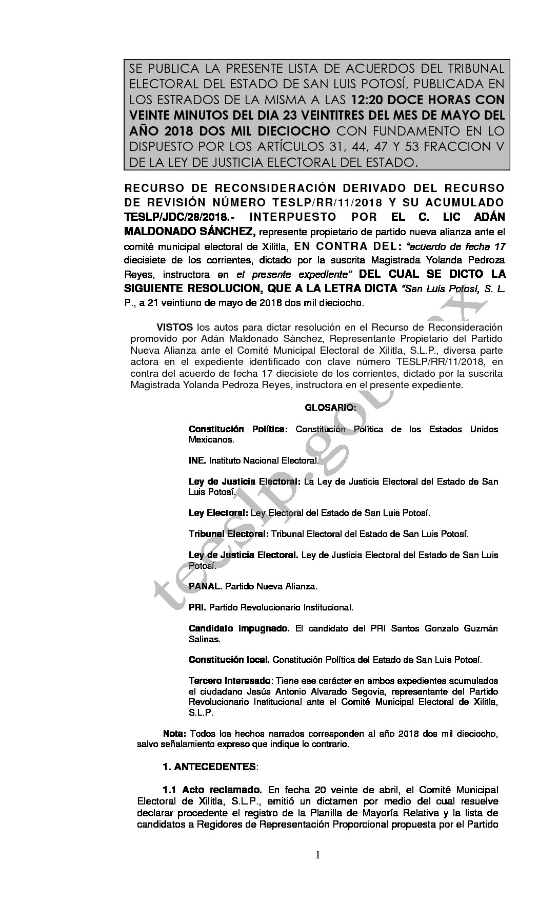 LISTA RESOLUCION RECONSIDERACION TESLP-RR-11- y su ACUMULADO JDC-28-2018 23-MAYO-2018 12-20 hrs