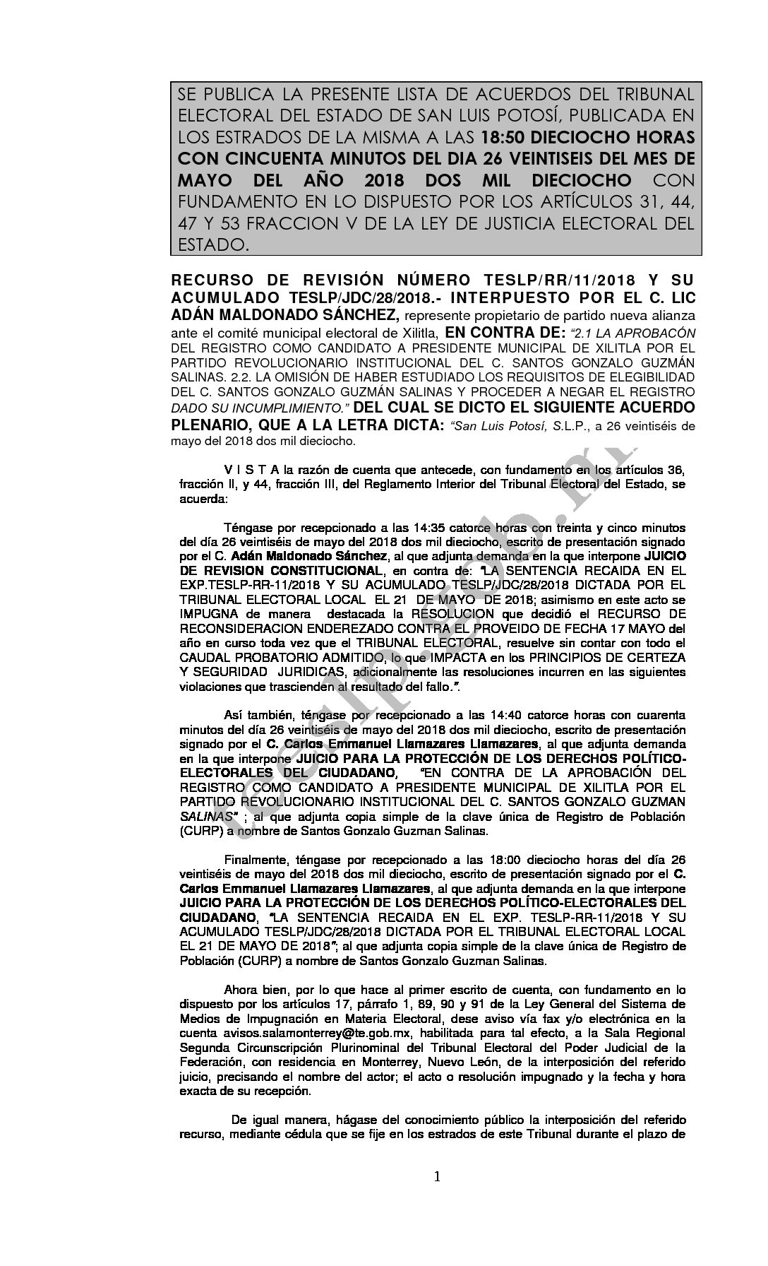 LISTA TESLP-RR-11- y su ACUMULADO JDC-28-2018 26-MAYO-2018 18-50 hrs