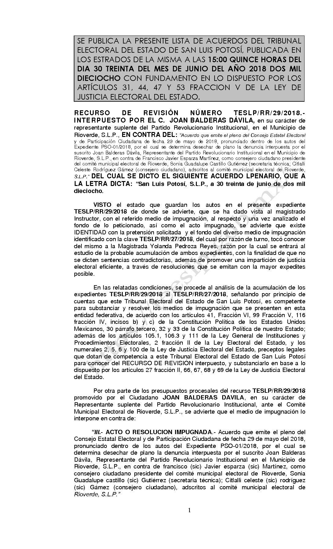 LISTA ACUERDO PLENARIO TESLP-RR-29-2018 30-JUNIO-2018 15-00 hrs