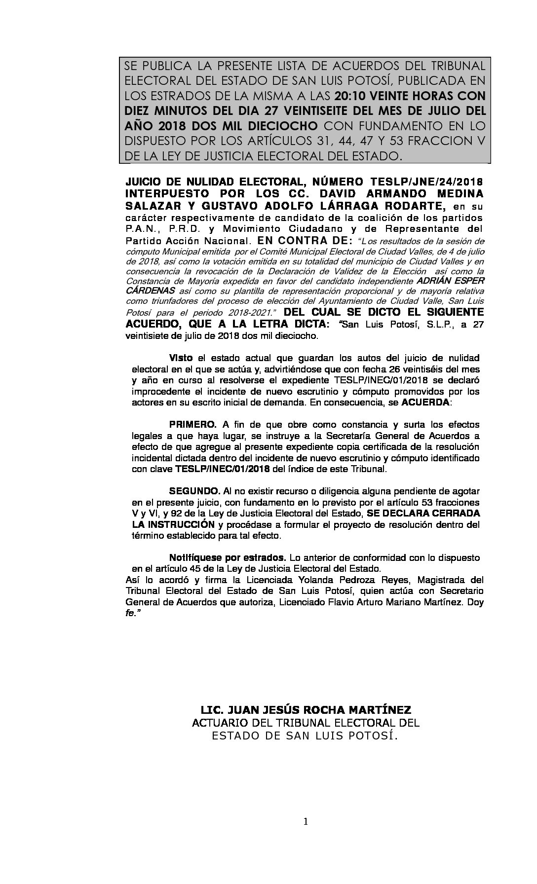 LISTA TESLP-JNE-24-2018 27-JULIO-2018 CIERRE DE INSTRUCCIÓN 20-10 hrs
