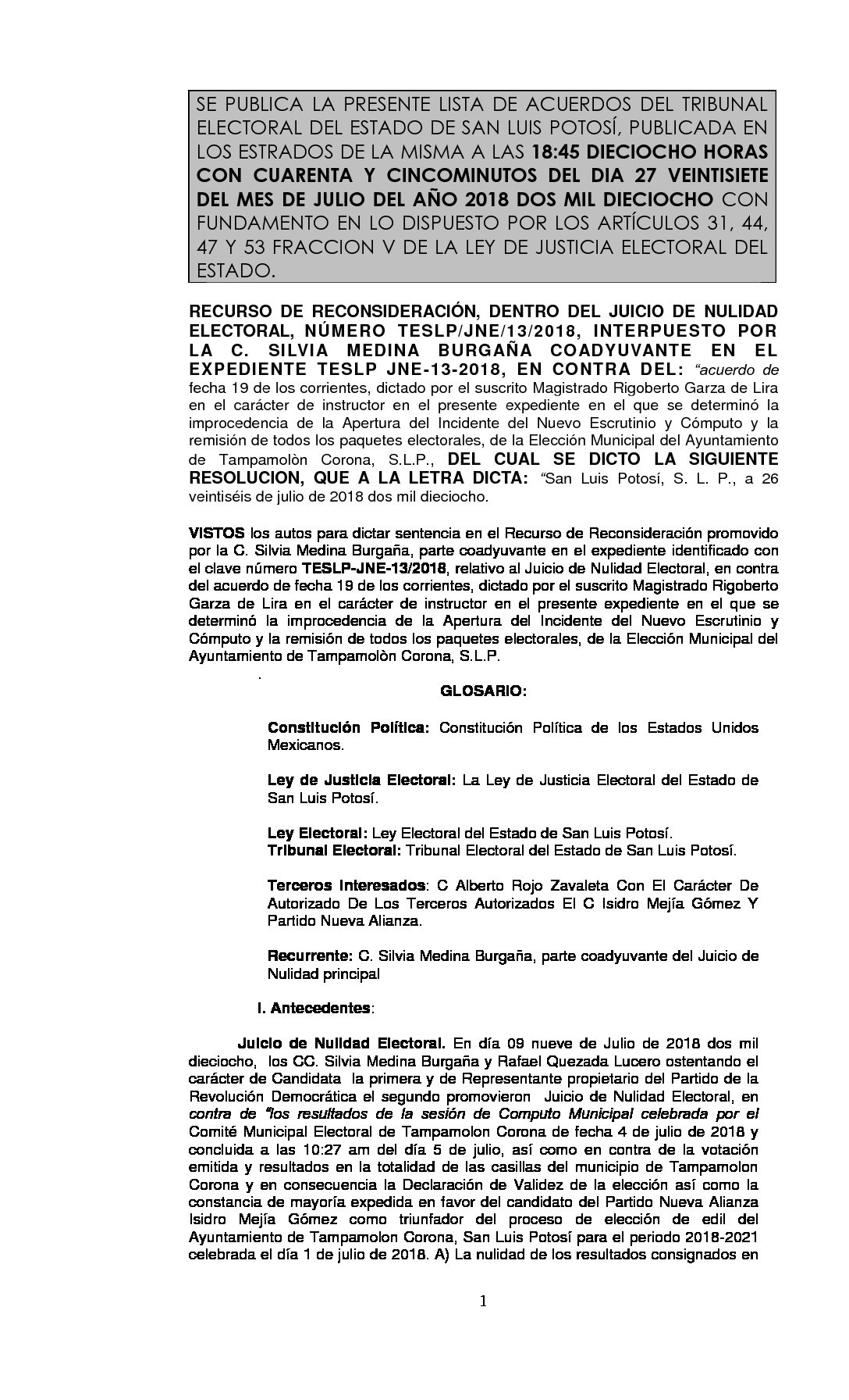 RESOLUCION RECONSIDERACION LISTA TESLP-JNE-13-2018 27-JULIO-2018 18-45 hrs