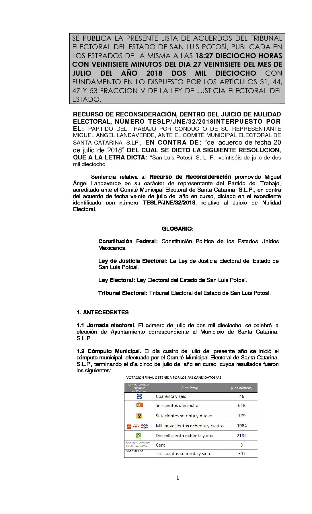 RESOLUCIÓN RECONSIDERACION LISTA TESLP-JNE-32-2018 27-JULIO-2018 18-27 hrs