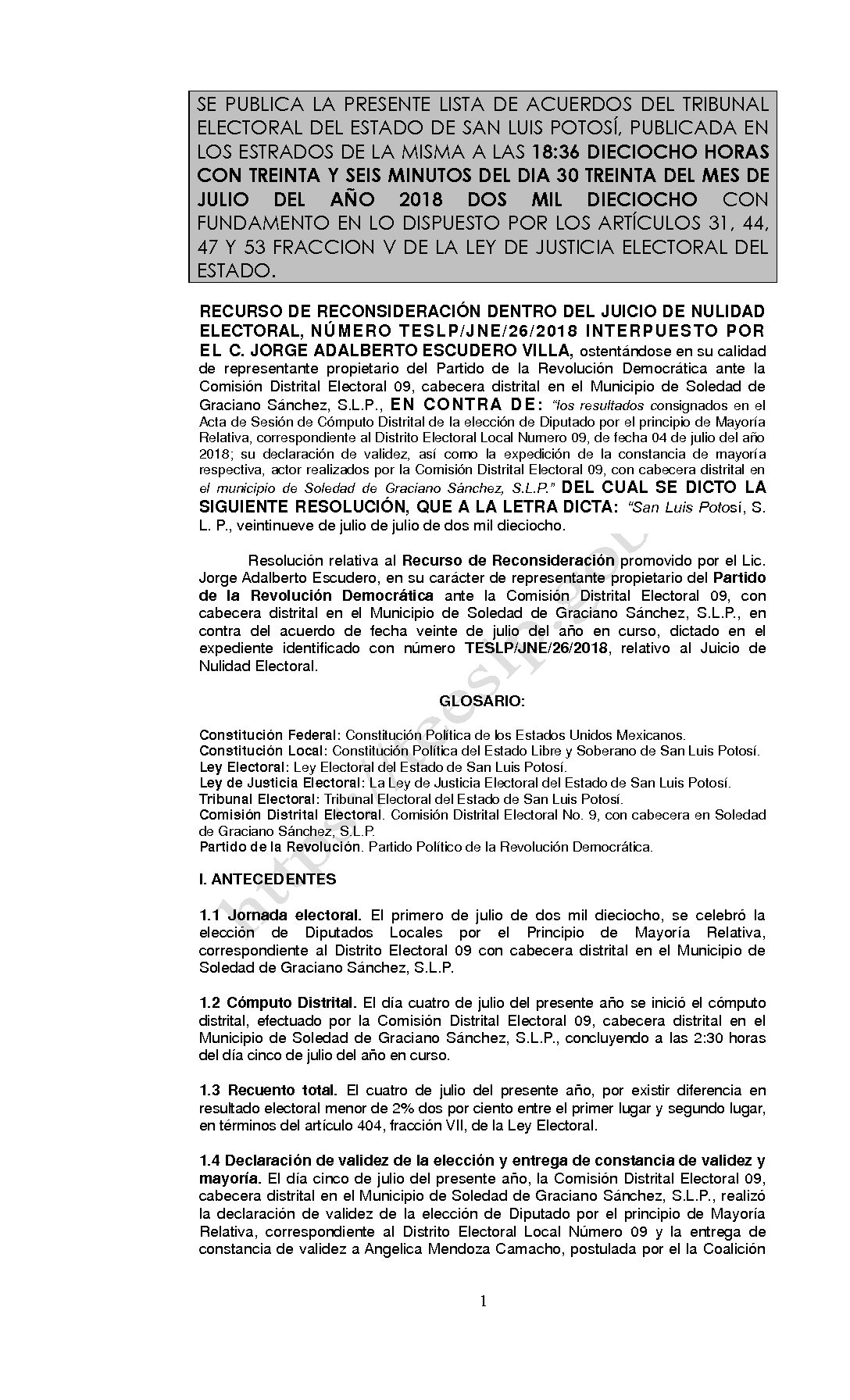 RESOLUCIÓN RECONSIDERACIÓN LISTA TESLP-JNE-26-2018 30-JULIO-2018 18-36 hrs