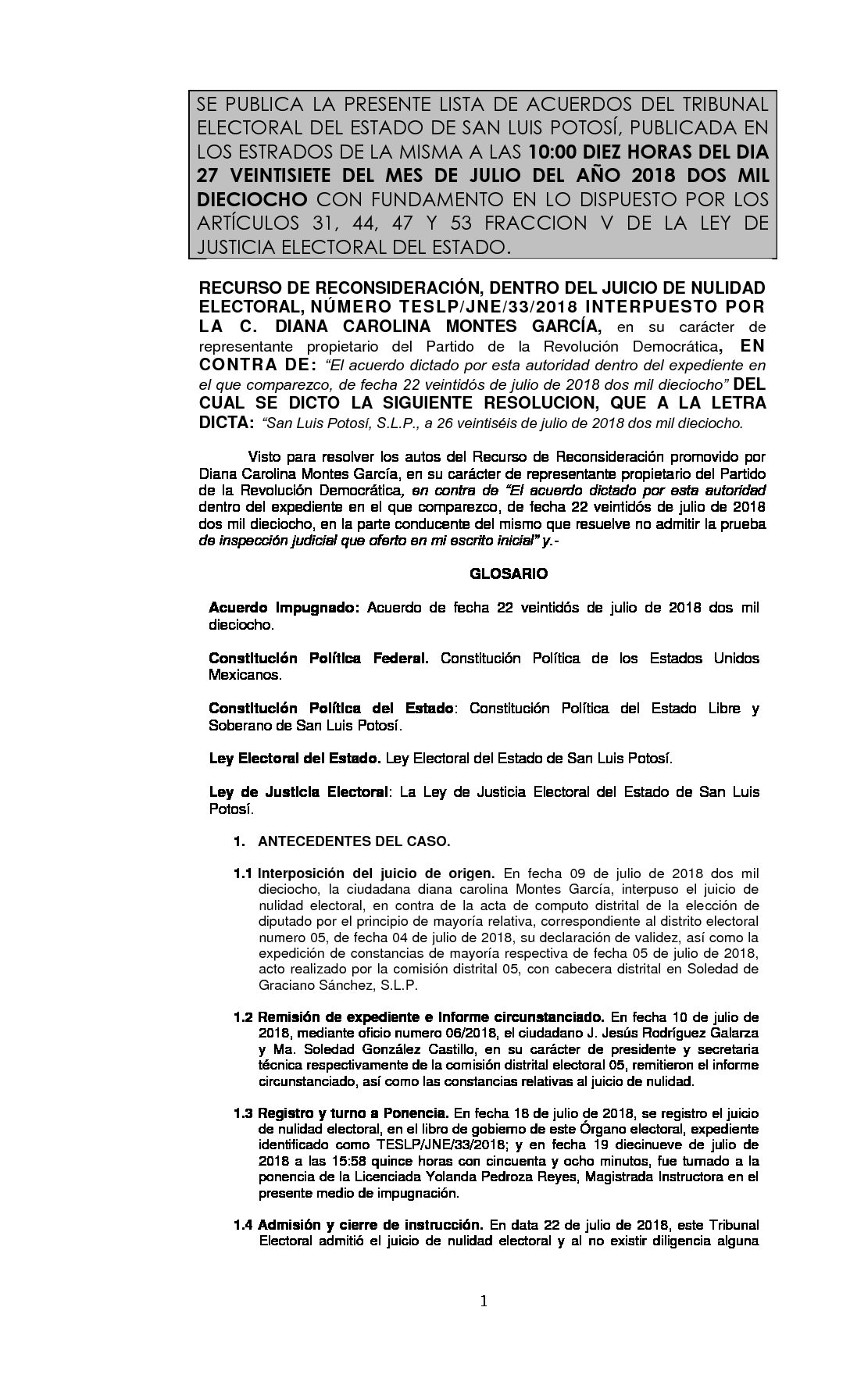 RESOLUCIÓN RECONSIDERACIÓN LISTA TESLP-JNE-33-2018 27-JULIO-2018 10-00 hrs