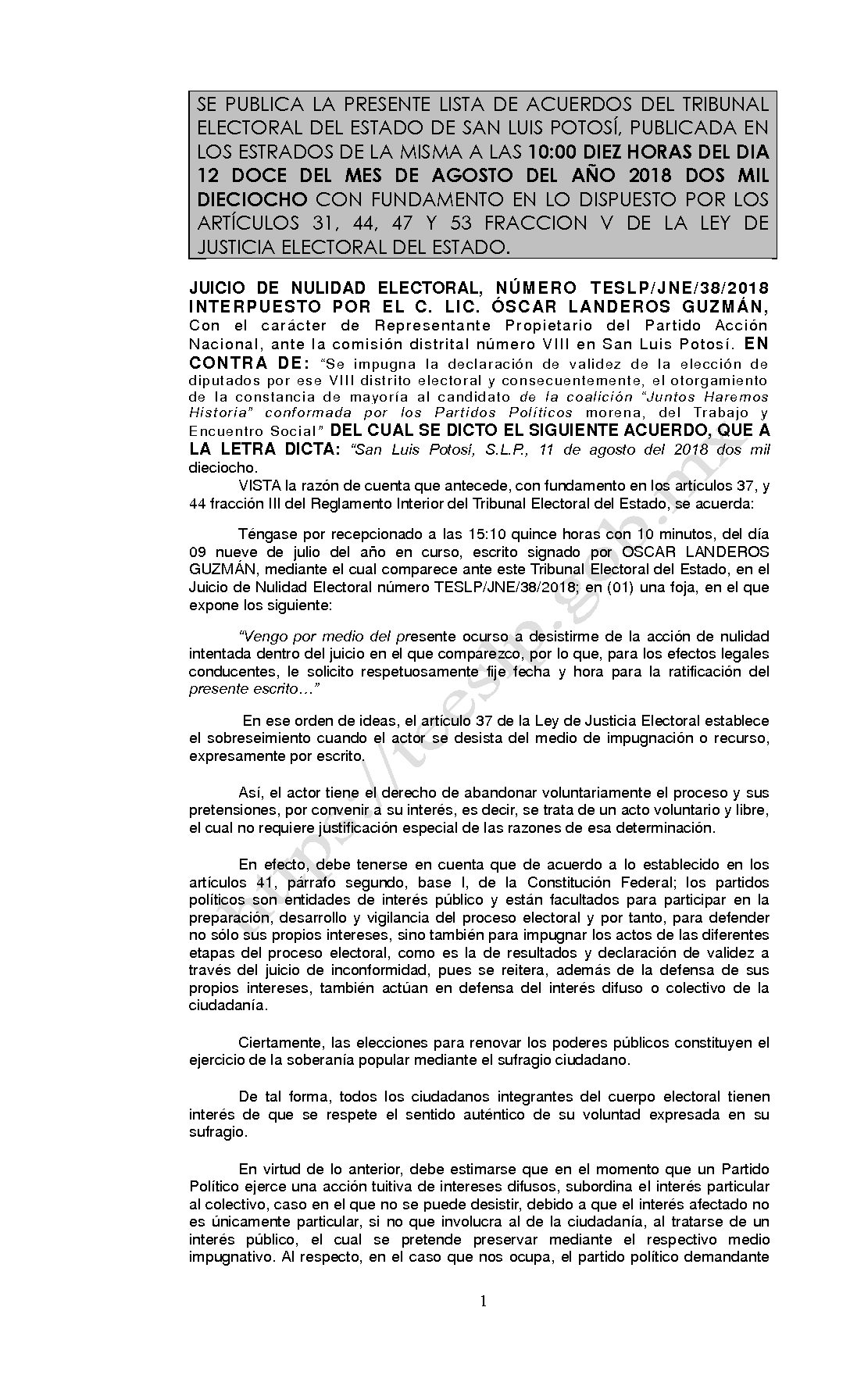 LISTA TESLP-JNE-38-2018 12-AGOSTO-2018 10-00 hrs