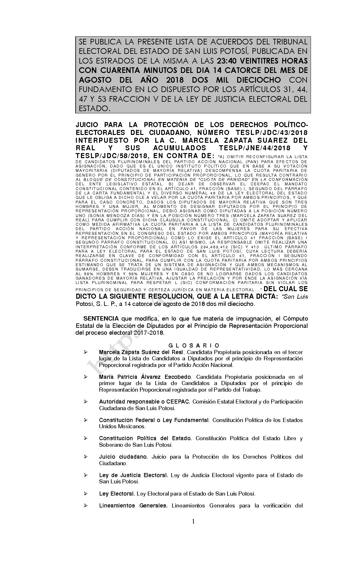 RESOLUCION LISTA TESLP-JDC-43 Y ACUMULADOS -2018 14-AGOSTO-2018 23-40 hrs