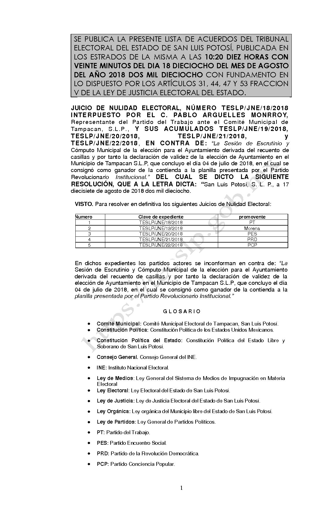 RESOLUCIÓN LISTA TESLP-JNE-18 Y SUS ACUMULADOS -2018 18-AGOSTO-2018 10-20 hrs