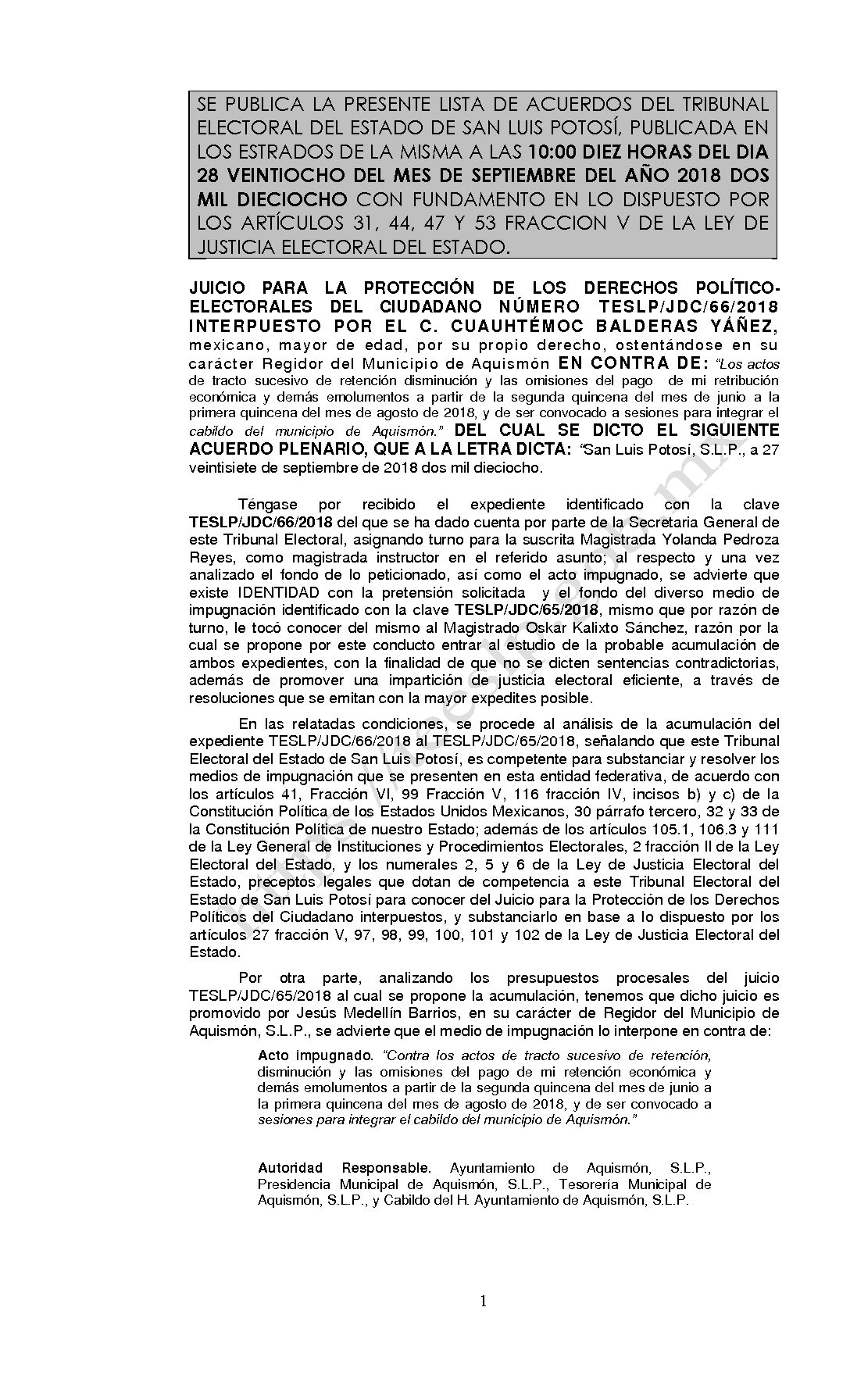 LISTA ACUERDO PLENARIO TESLP-JDC-66-2018 28-SEPTIEMBRE-2018 10-00 hrs