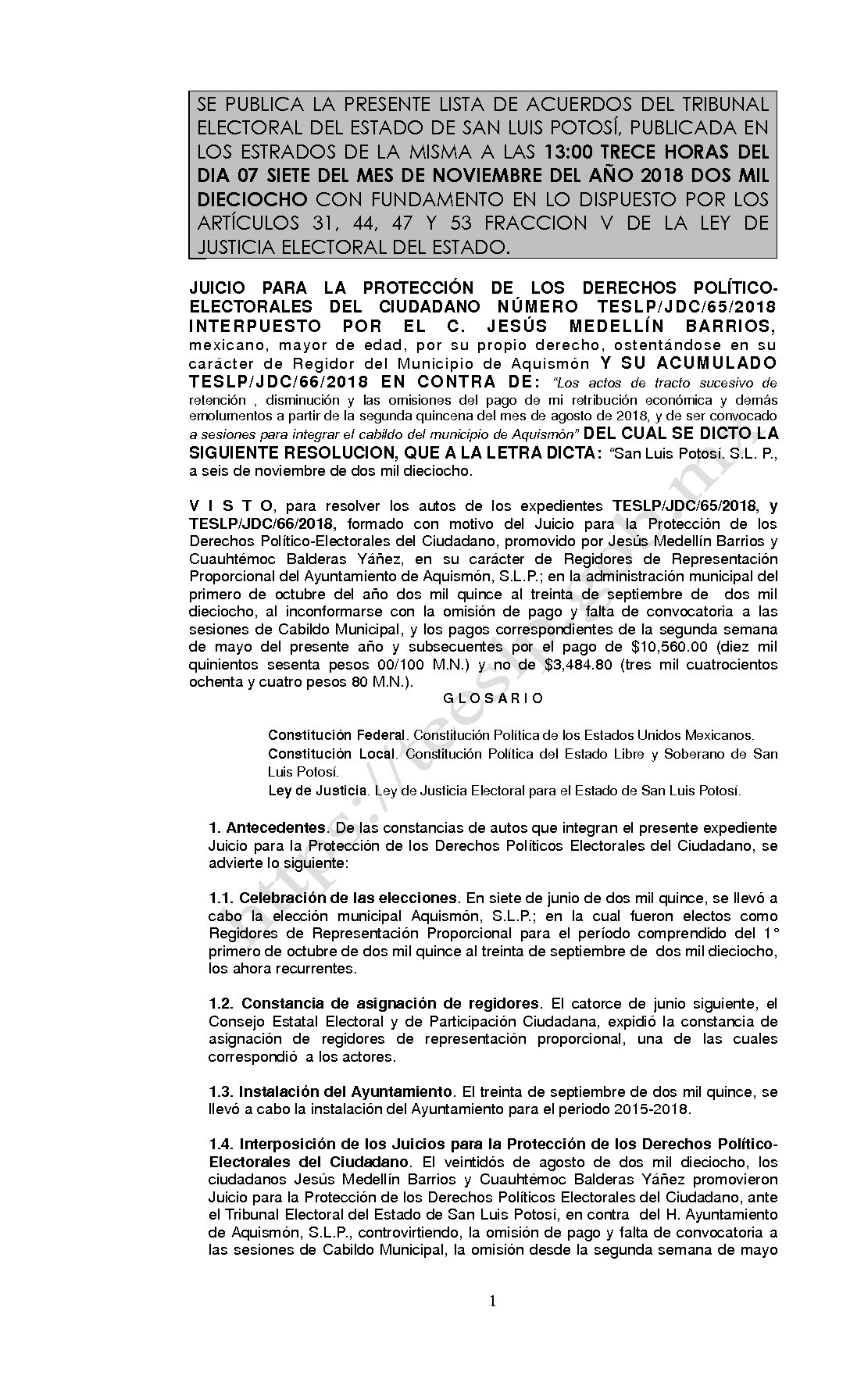 LISTA RESOLUCION TESLP-JDC-65 Y ACUMULADO-2018 07-NOVIEMBRE-2018 13-00 hrs