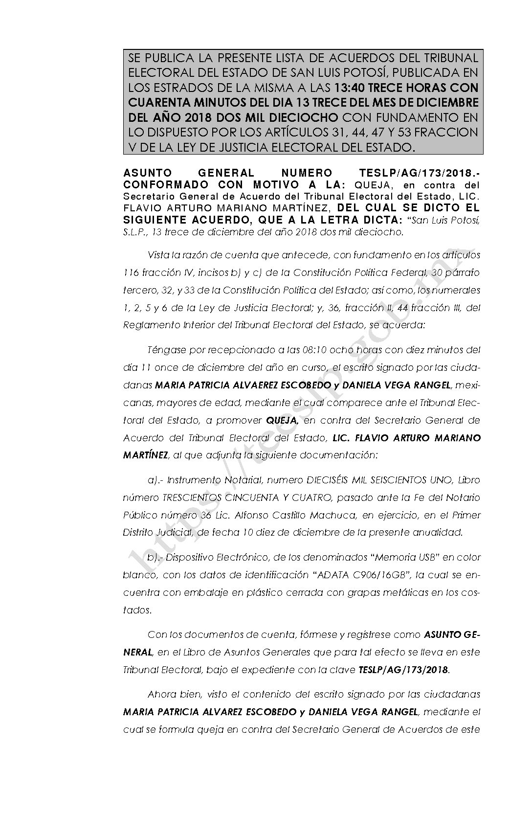 LISTA ASUNTO GENERAL AG-173-2018 13-DICIEMBRE-2018 13-40 horas