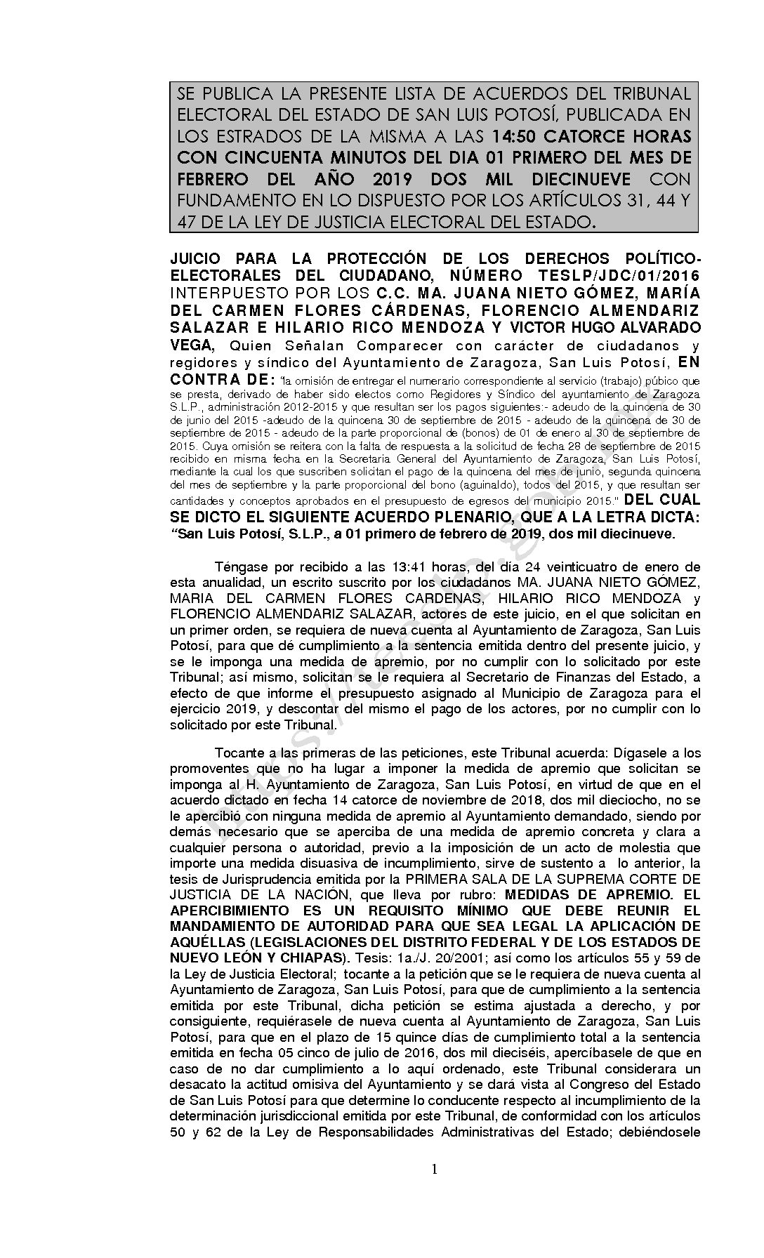 ACUERDO PLENARIO LISTA TESLP-JDC-01-2016 01-FEBRERO-2019 14-50 horas