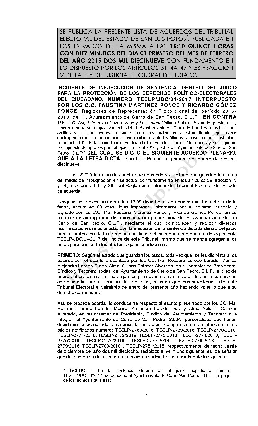 ACUERDO PLENARIO LISTA TESLP-JDC-04-2017 01-FEBRERO-2019 15-10 horas