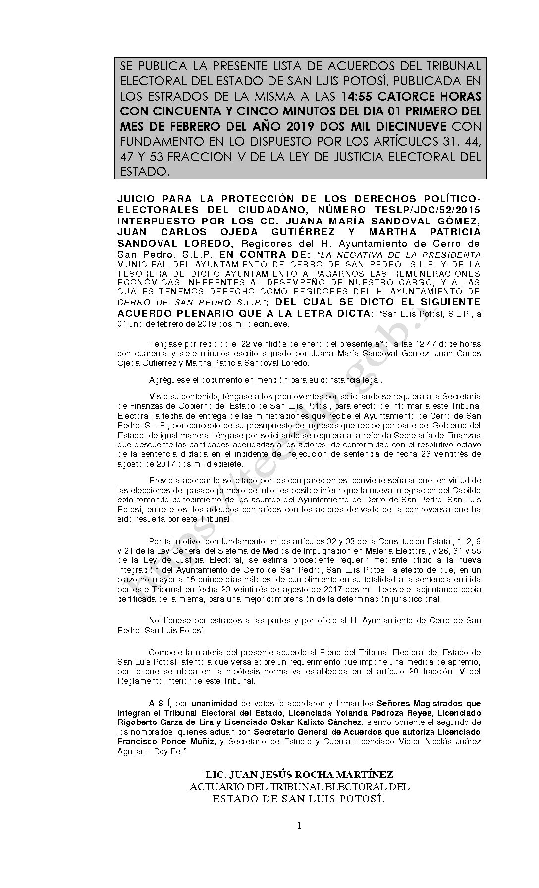 ACUERDO PLENARIO LISTA TESLP-JDC-52-2015 01-FEBRERO-2019 14-55 horas