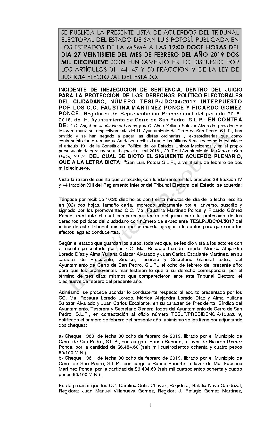 ACUERDO PLENARIO INCIDENTE LISTA TESLP-JDC-04-2017 27-FEBRERO-2019 12-00 horas