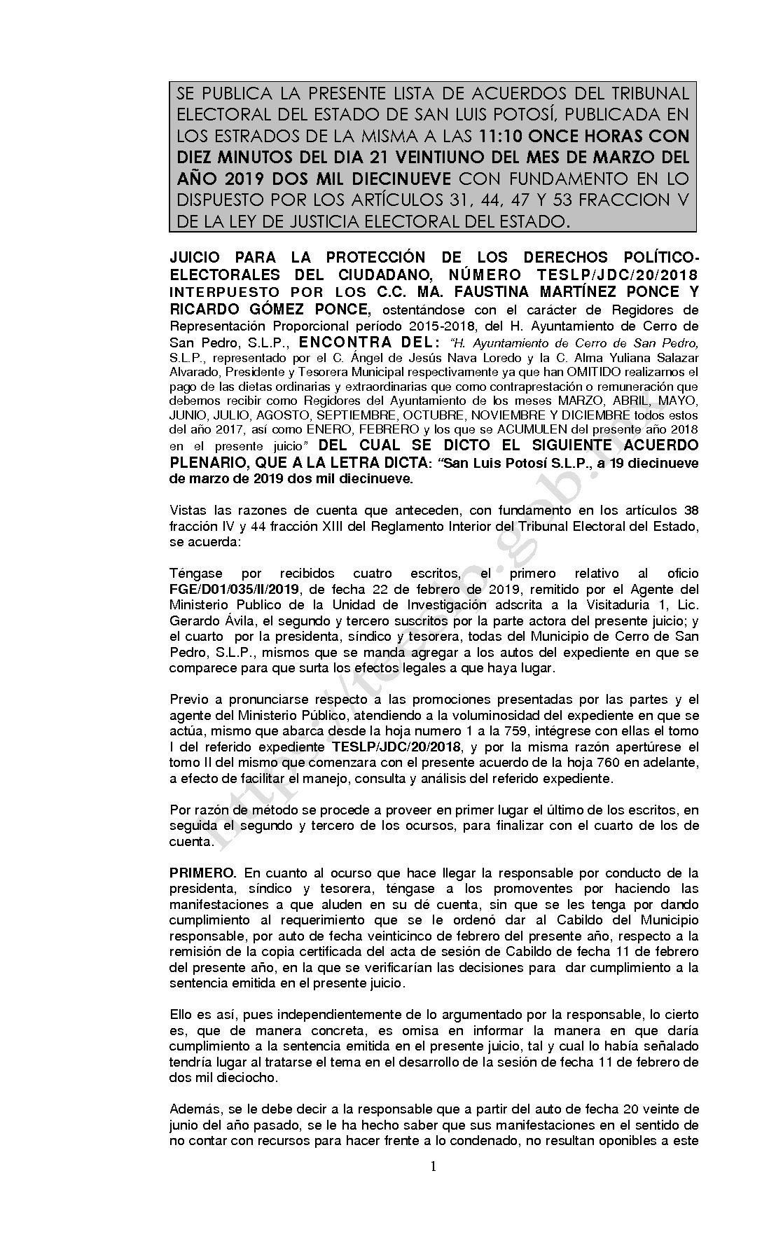 ACUERDO PLENARIO LISTA TESLP-JDC-20-2018 21-MARZO-2019 11-10 horas