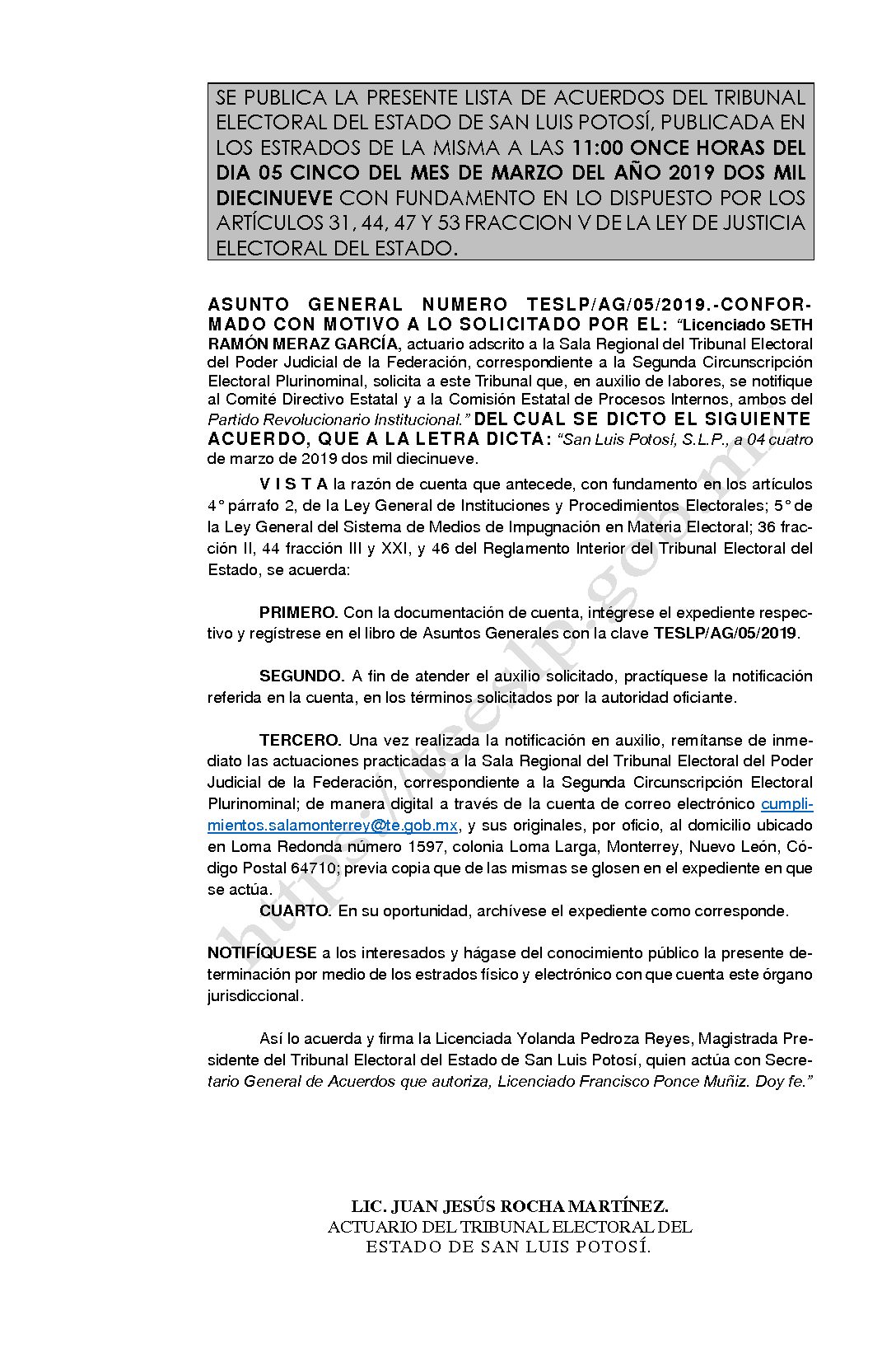 LISTA ASUNTO GENERAL AG-05-2019 05-MARZO-2019 11-00 horas
