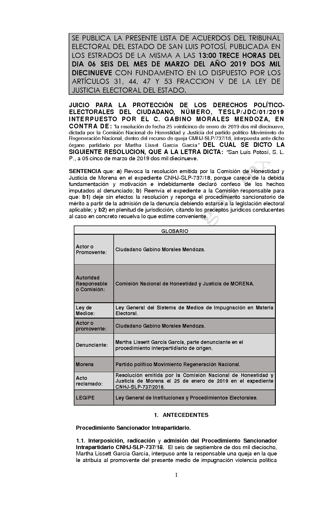 RESOLUCION LISTA TESLP-JDC-01-2019 06-MARZO-2019 13-00 horas