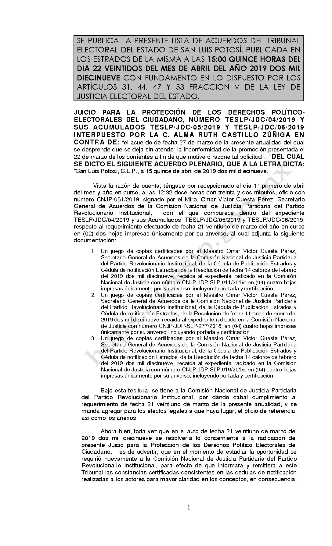 LISTA ACUERDO PLENARIO TESLP-JDC-04 Y ACUMULADOS -2019 22-ABRIL-2019 15-00 horas