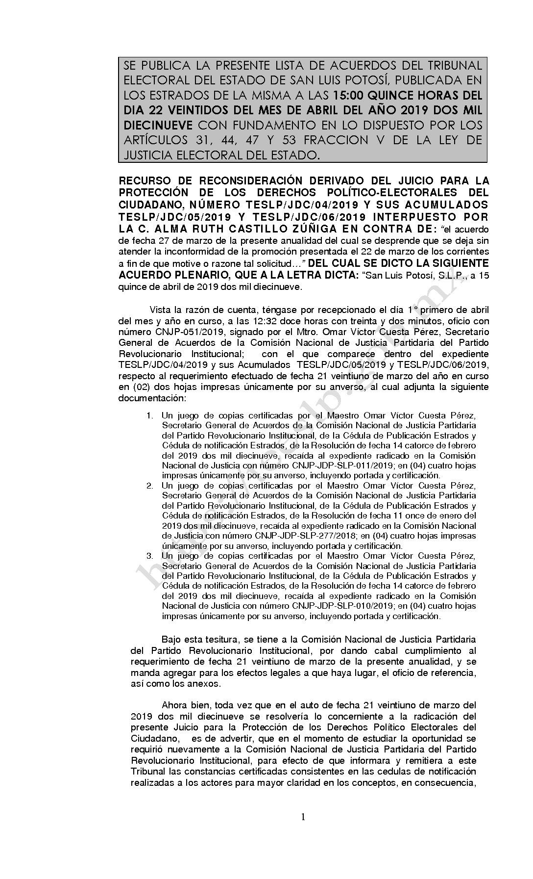 LISTA ACUERDO PLENARIO TESLP-JDC-04 Y ACUMULADOS -2019 22-ABRIL-2019 15-00 horas