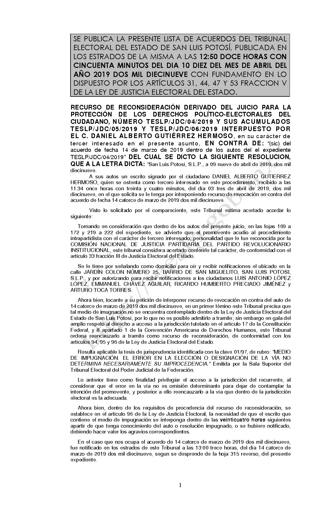 LISTA RECONSIDERACION TESLP-JDC-04 Y ACUMULADOS -2019 10-ABRIL-2019 12-50 horas