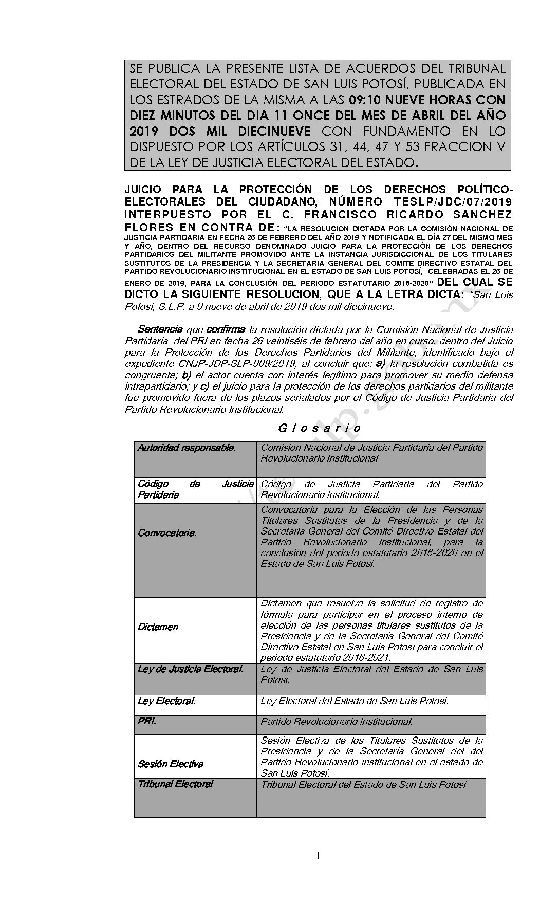 LISTA RESOLUCION TESLP-JDC-07-2019 11-ABRIL-2019 9-10 horas