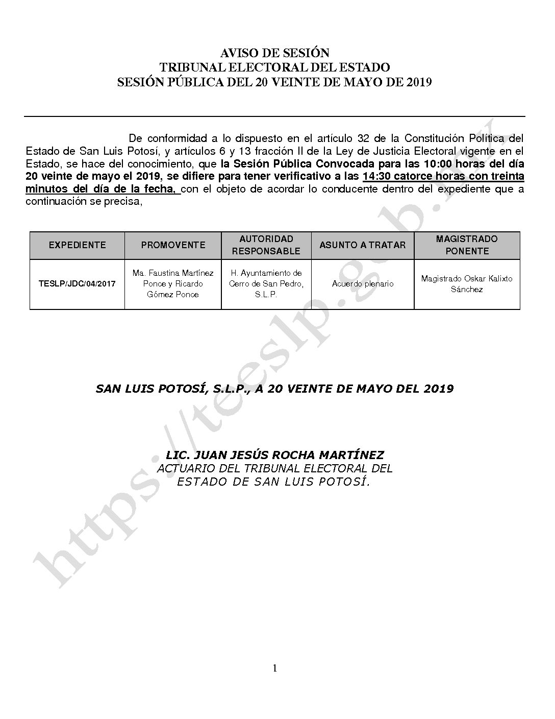 JDC-04-2017 SE DIFIERE SESION AVISO DE SESIÓN PÚBLICA DEL 20-MAYO-2019 14-30 HORAS