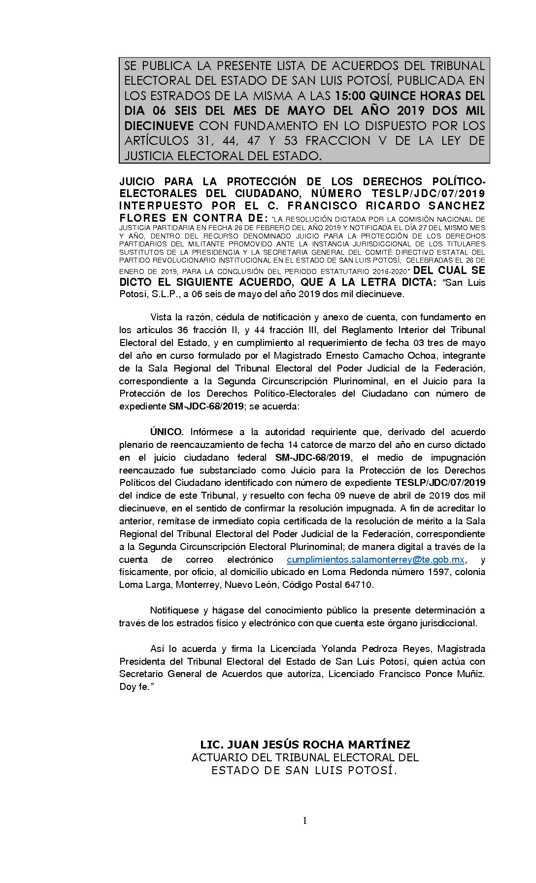 LISTA TESLP-JDC-07-2019 06-MAYO-2019 15-00 horas