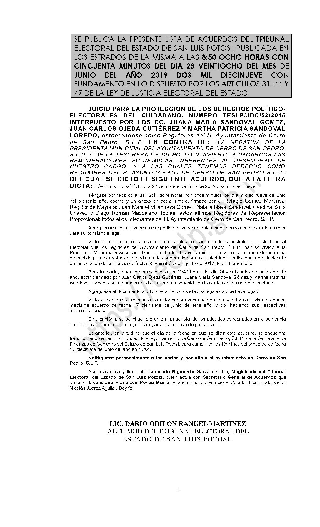 JDC-52-2015 LISTA DE ACUERDOS 28-6-2019 8-50 horas