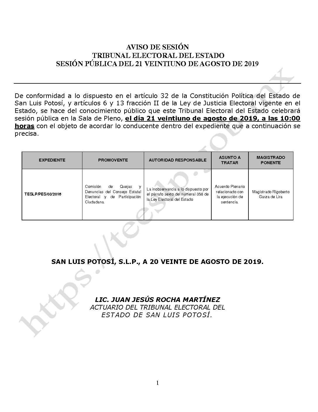 AVISO DE SESIÓN PÚBLICA DEL 21-AGOSTO-2019 10-00 horas