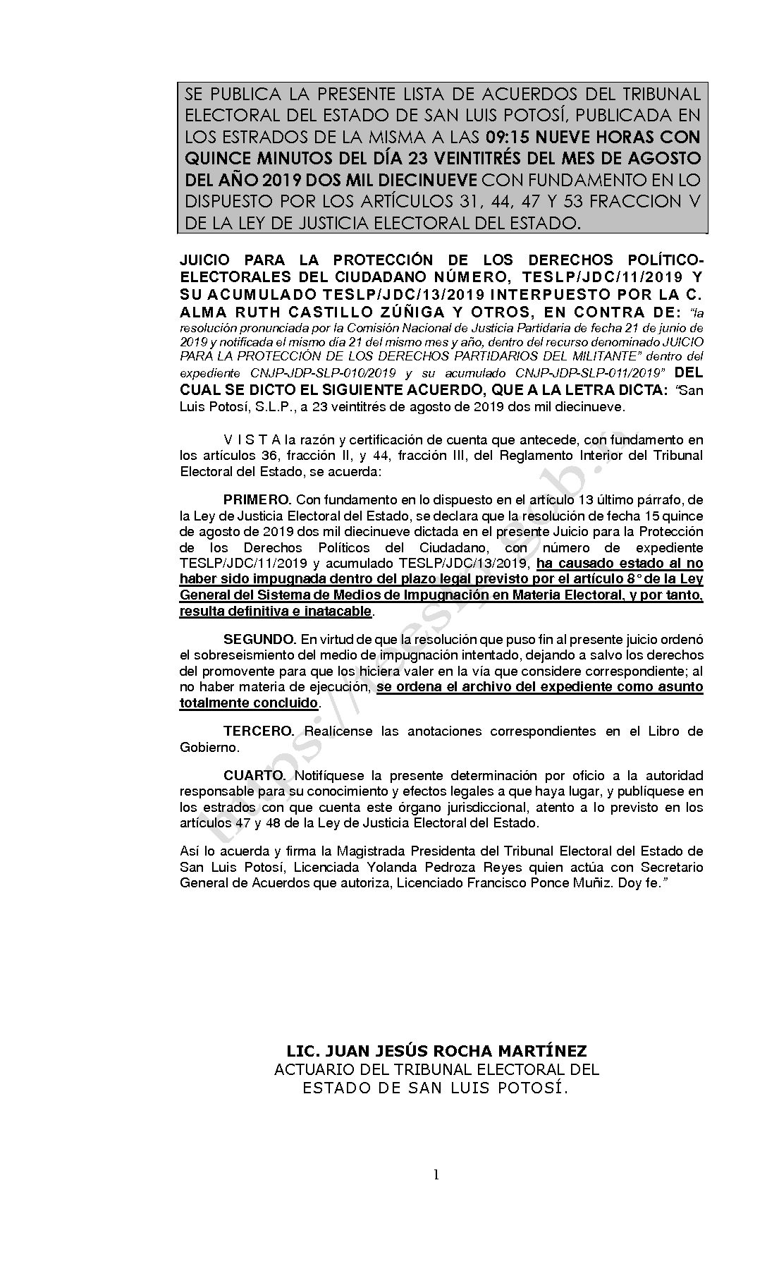 LISTAS JDC-11 y ACUMULADO-13- 2019 23-AGOSTO-2019 09-15 horas
