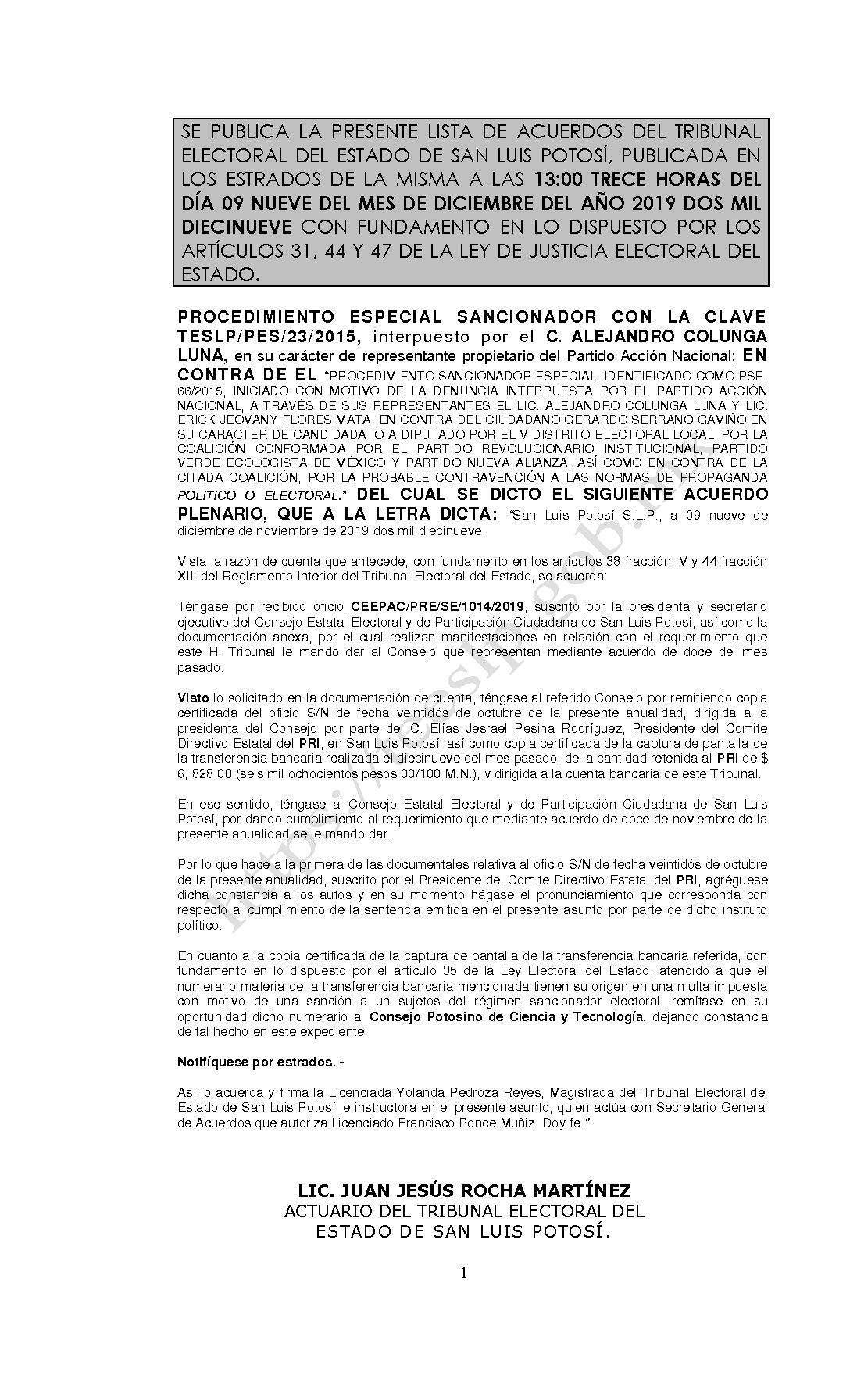 LISTAL PES-23-2015 09-DIC-2019 13-00 horas